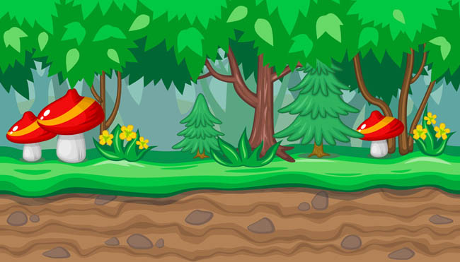 草地上的蘑菇和树木花朵游戏动画场景矢量图素