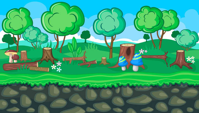 游戏场景草地上的树木树桩和蘑菇矢量图素材下