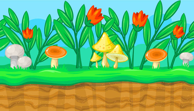 动画游戏草地上的蘑菇和鲜花矢量图素材