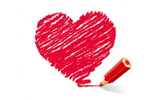 红色手绘爱心与彩色铅笔矢量素材