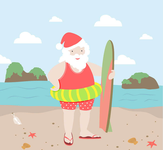 海边度假的圣诞老人矢量图