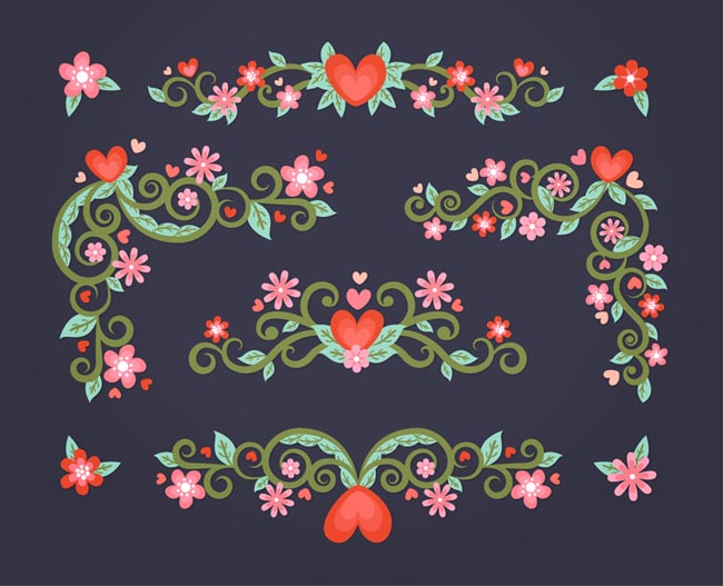 5款对称花卉爱心边框设计矢量素材