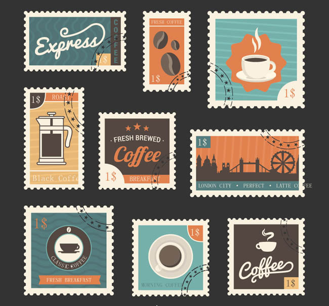 9款复古咖啡邮票设计矢量素材