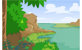 河流旁的树木与岩石flash动画场景素材