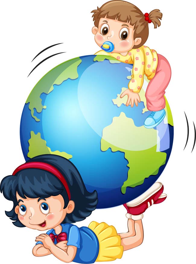 卡通2个儿童跟地球一起设计