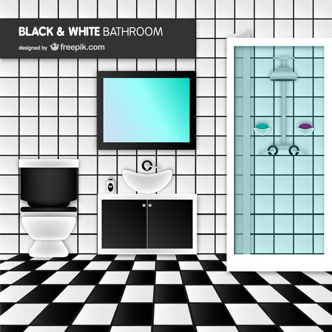 时尚黑白拼色浴室设计矢量素材