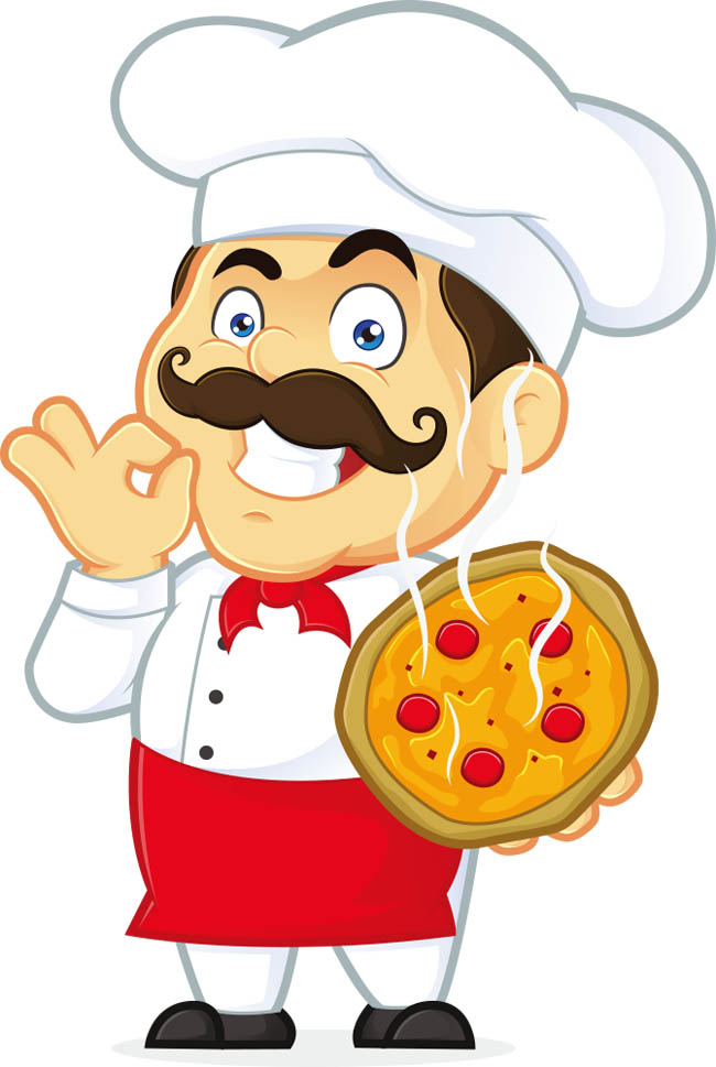 矢量开心的卡通厨师和披萨矢量图素材下载