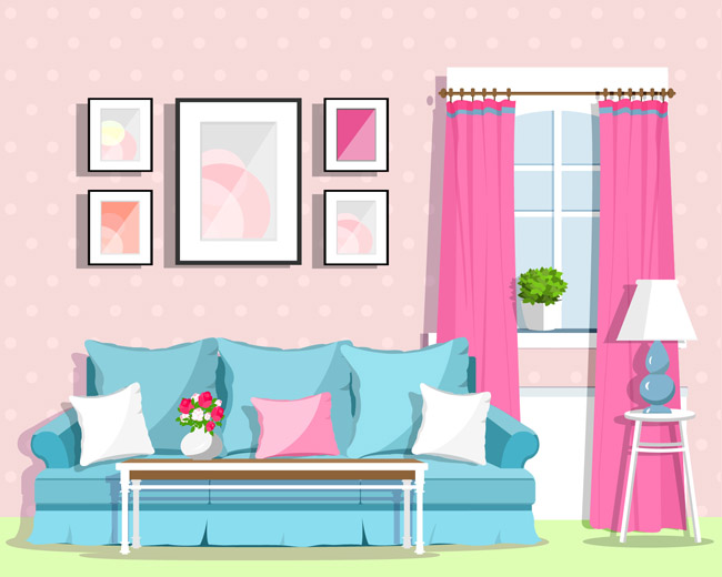 沙发客厅家庭室内房间装饰设计卡通矢量