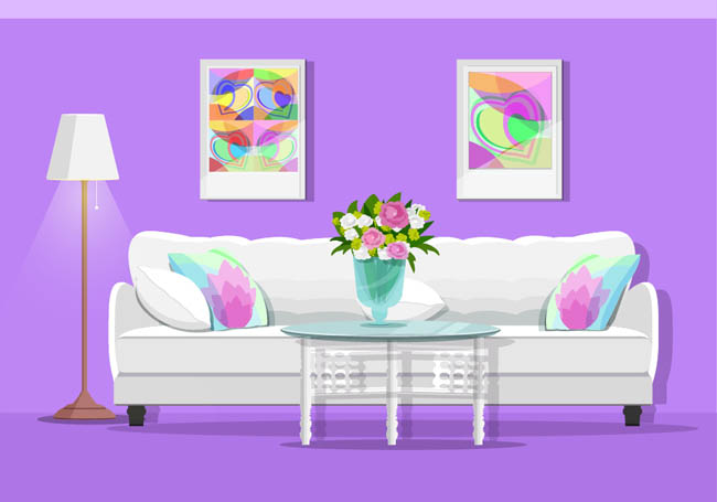 紫色家庭室内房间装饰设计卡通矢量模板