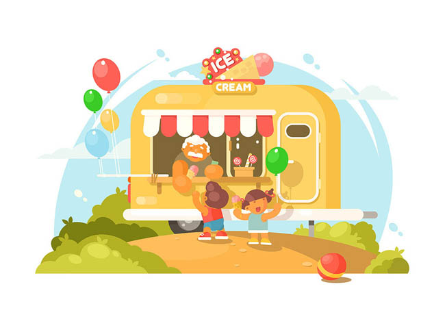 站在冰淇淋车边买冰淇淋的孩子图片扁平化设计