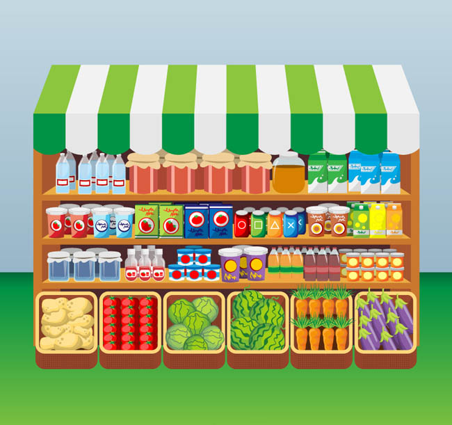 卡通卖食品便利店货架上商品矢量素材