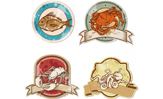 <b>复古风格海鲜标签设计螃蟹龙虾矢量图</b>