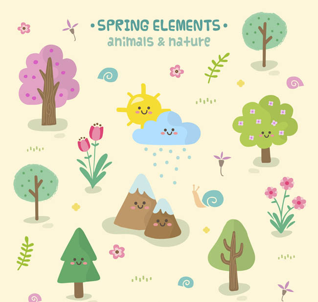 可爱春季树木和蜗牛自然元素