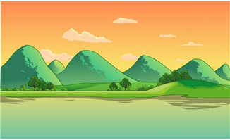 <b>湖水边山川夕阳美丽的二维动画场景素材</b>