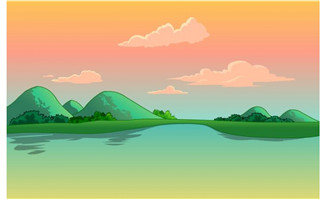 湖水天边红山川山脉二维动画场景素材