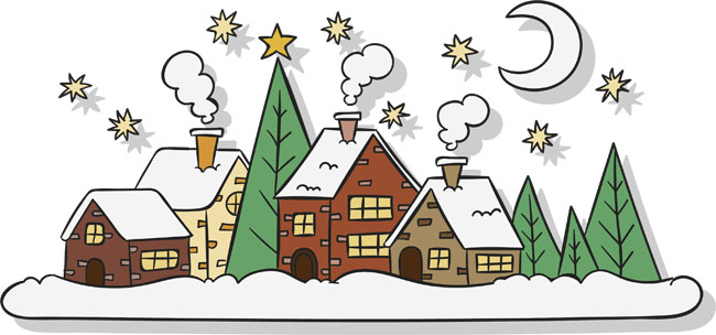 扁平化描线描边风格房屋圣诞雪景月亮星星素材