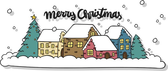 圣诞小镇场景设计手绘线条风格房屋雪地场景