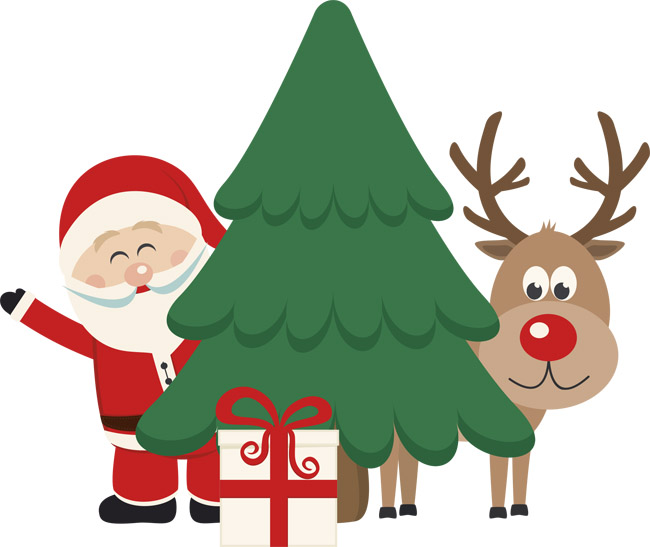 扁平化圣诞树与圣诞老人及驯鹿矢量素材下载