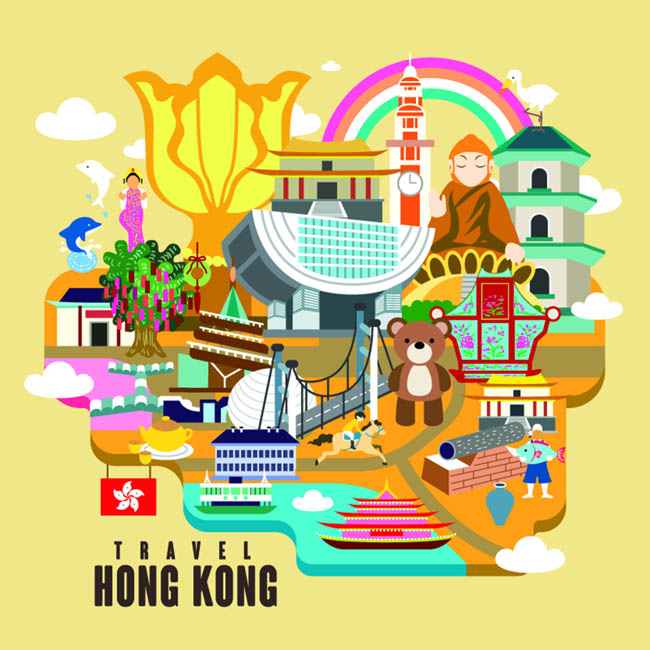 香港地图建筑特征旅游地图海报设计素材下载