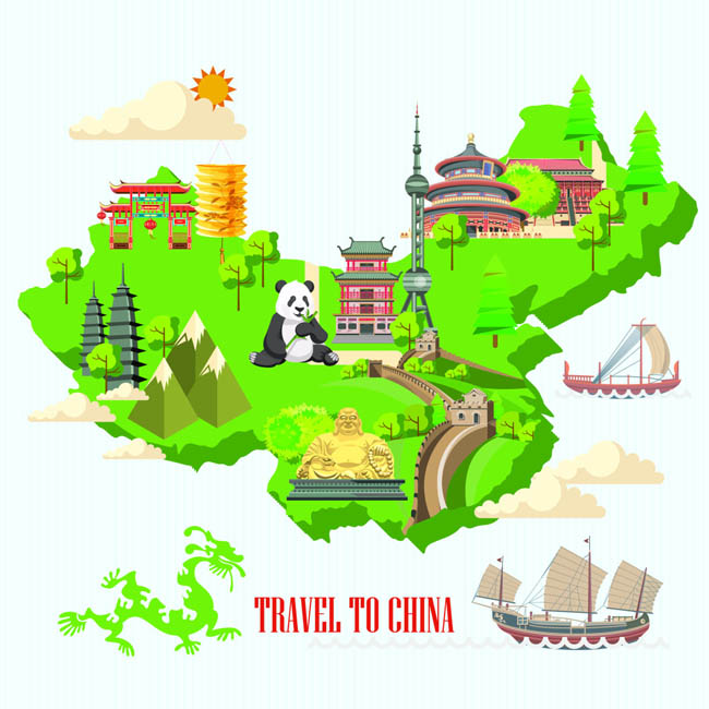 中国旅游地图导航设计各种标志性建筑物设计