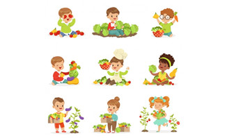 少儿卡通形象动漫在户外活动采摘蔬菜的动作