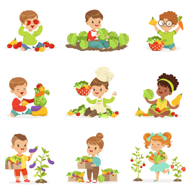 少儿卡通形象动漫在户外活动采摘蔬菜的动作