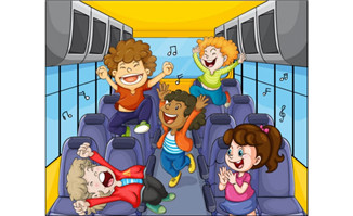公交儿童班车上儿童欢快的歌唱的卡通形象设计