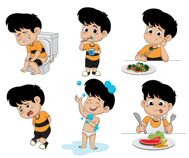 卡通儿童日常生活刷牙吃饭洗澡习惯场景设计