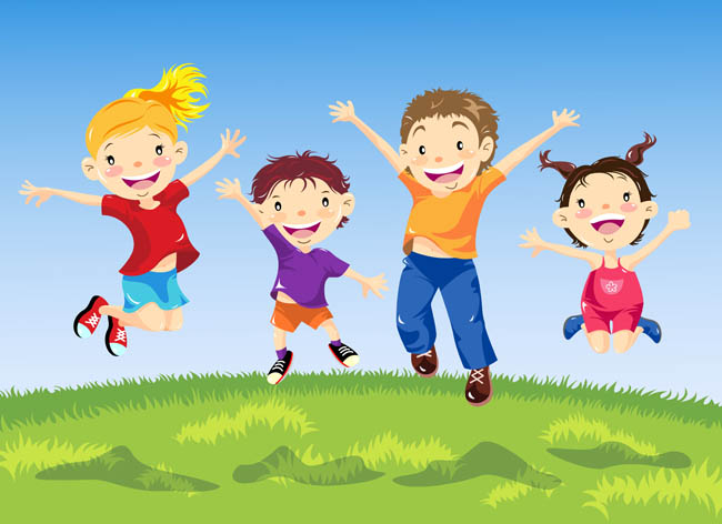 草坪上高兴跳起来的儿童动漫形象动作设计素材