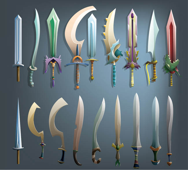 游戏各种攻击道具宝剑造型设计矢量素材