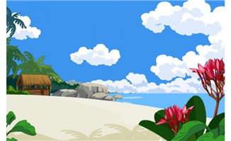 <b>蓝色天空下的海边海角房屋沙滩动画场景设计</b>