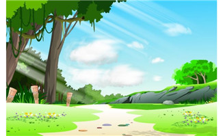 树旁的山路蓝色天空场景设计flash动画素材