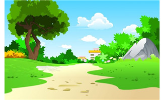 郊区房屋外面的小路绿草野草大树动画背景素材