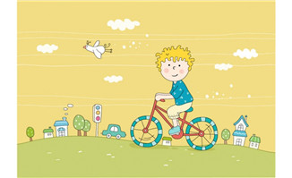 儿童骑自行车动漫形象线条漫画风格设计