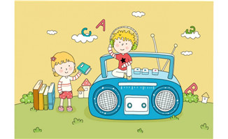 <b>收音机老式磁带机上的卡通少儿儿童动漫形象设</b>