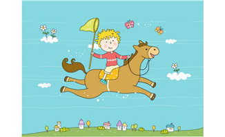 骑马玩耍的少年儿童卡通漫画设计素材