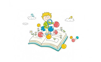儿童小生物学家在书上玩基因模型的插画设计素