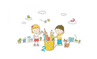 创意笔筒旁边玩耍的少儿儿童插画设计素材