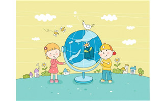 地球仪旁边的儿童漫画设计素材
