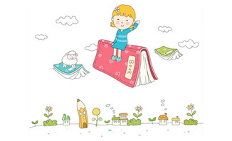 <b>创意插画设计坐在书本上儿童在天空飞翔素材</b>
