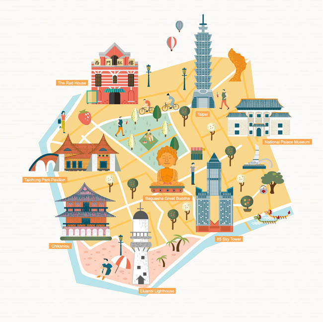 扁平创意旅游旅行地图指南设计矢量素材