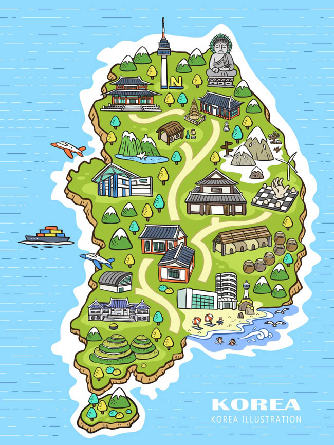 手绘韩国旅游地图设计矢量素材下载