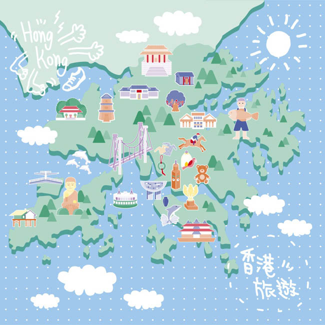手绘香港旅游地图景点位置设计矢量素材