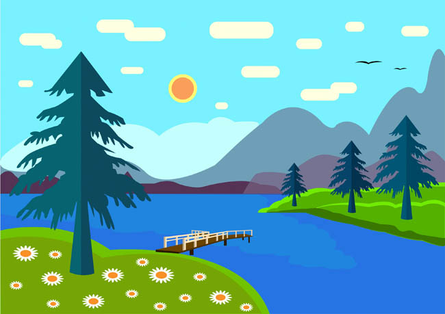 简单野外小桥湖畔插画场景设计素材_flash二维动画mg.