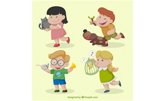 卡通儿童跟小动物一起玩耍的动作