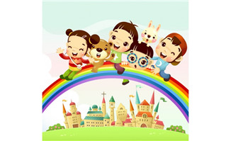 在彩虹上玩耍的动漫卡通儿童形象设计