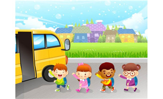 卡通动漫儿童幼儿园放学去做校车回家情景