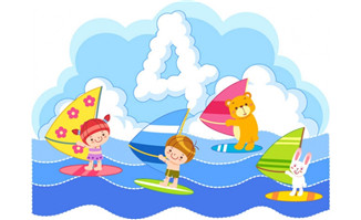 海洋上玩帆船的卡通儿童数字4创意设计