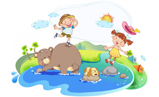 河水玩耍的卡通动漫儿童插画设计