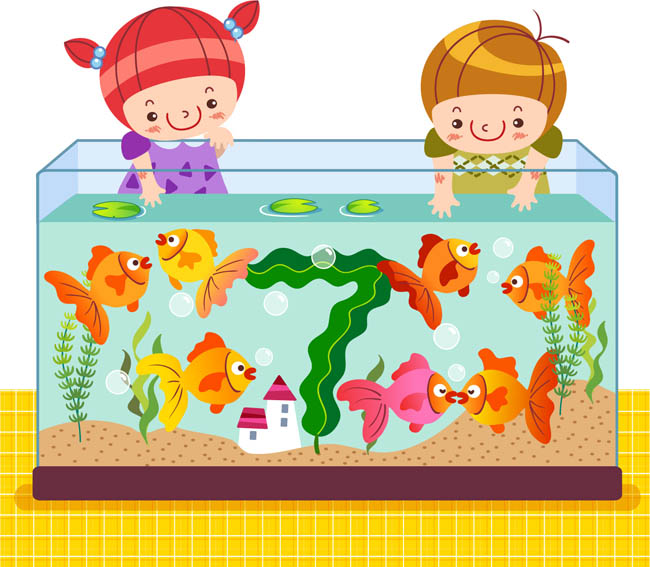 鱼缸，玩耍的卡通儿童，动漫儿童形象设计